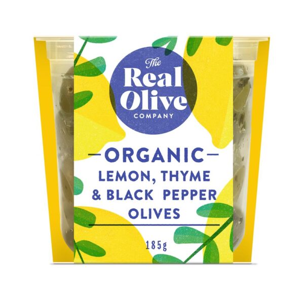 The Real Olive Company Organic Lemon Thyme & Black Pepper Olives In Cold-Pressed Oil 150g