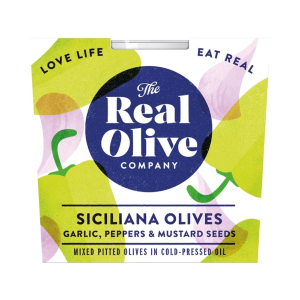 The Real Olive Company Garlic Peppers & Mustard Seed Pitted Olives 160g
