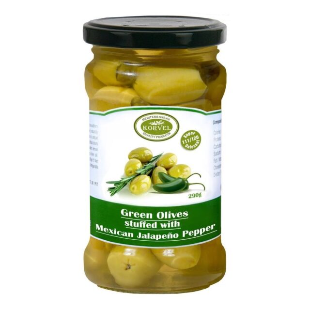 Korvel Greek Jalapeno Stuffed Olives Super Colossal