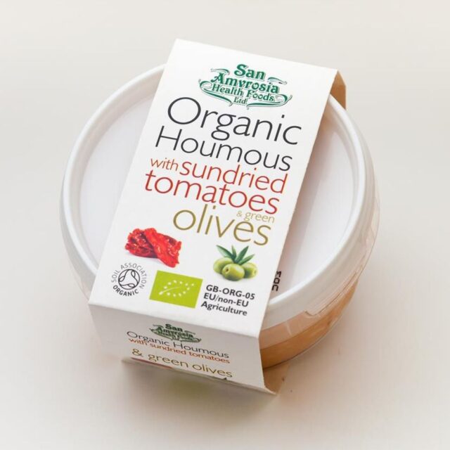San Amvrosia Organic Houmous with Sundried Tomatoes and Green Olives