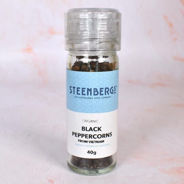 Steenbergs Organic Black Peppercorns in Grinder Jar